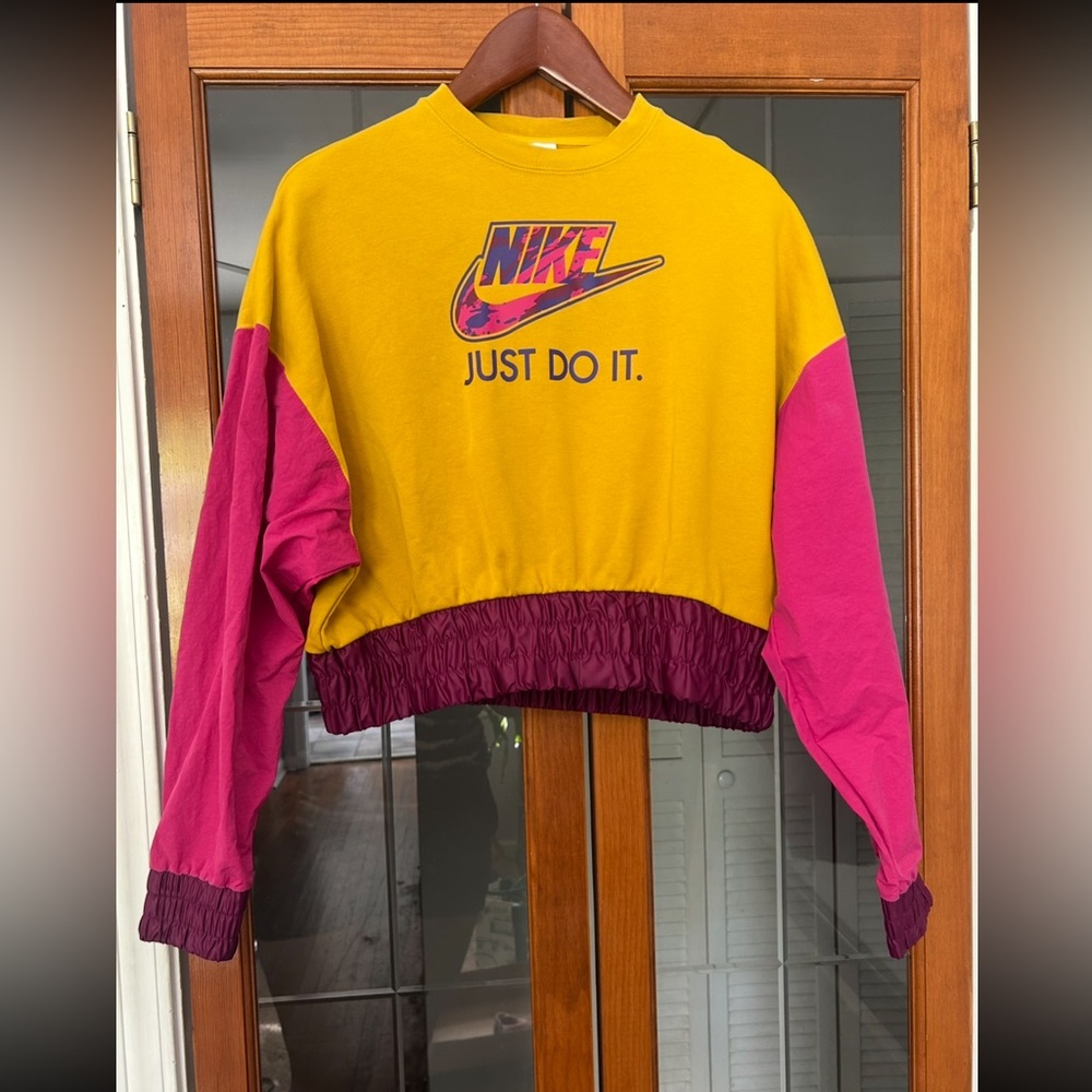 Nike Women's Color-block Crew Neck Sweater Mustard/Maroon/Pink